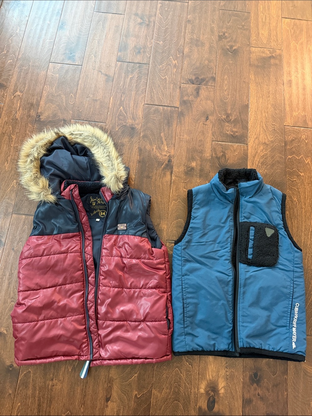 Kids Two-Tone Red & Navy Puffer Vest with Faux Fur Hood